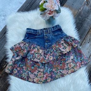 Vintage 80’s Denim Floral Ruffle Mini Skirt